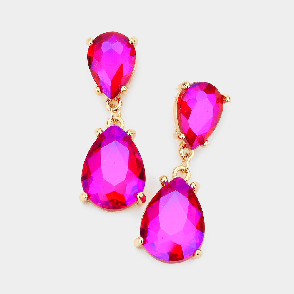 Small Fucshia Double Teardrop Dangle Pageant Earrings | Interview Earrings