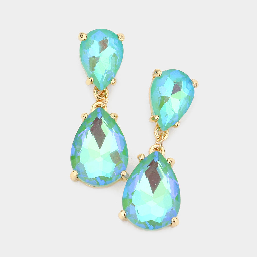 Small Mint AB Double Teardrop Dangle Pageant Earrings | Interview Earrings