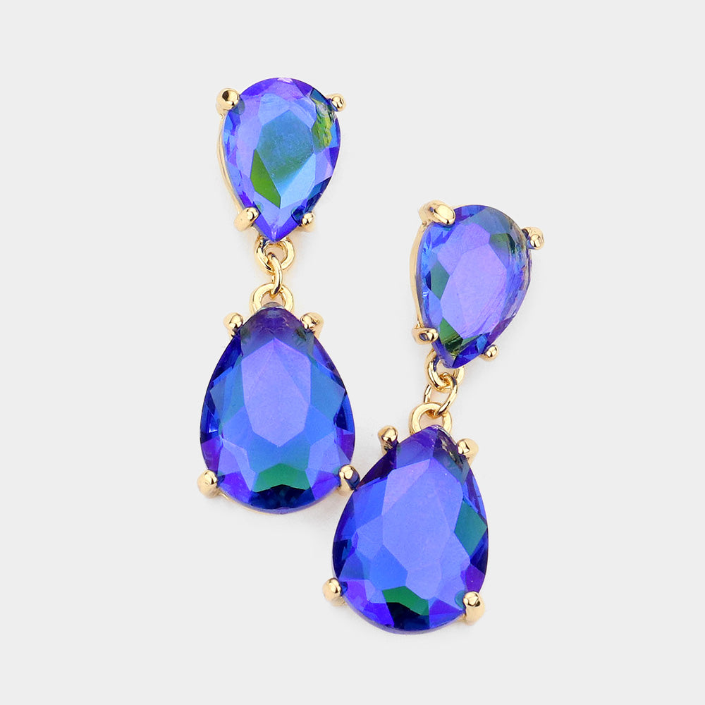 Small Royal Blue AB Double Teardrop Dangle Pageant Earrings | Interview Earrings