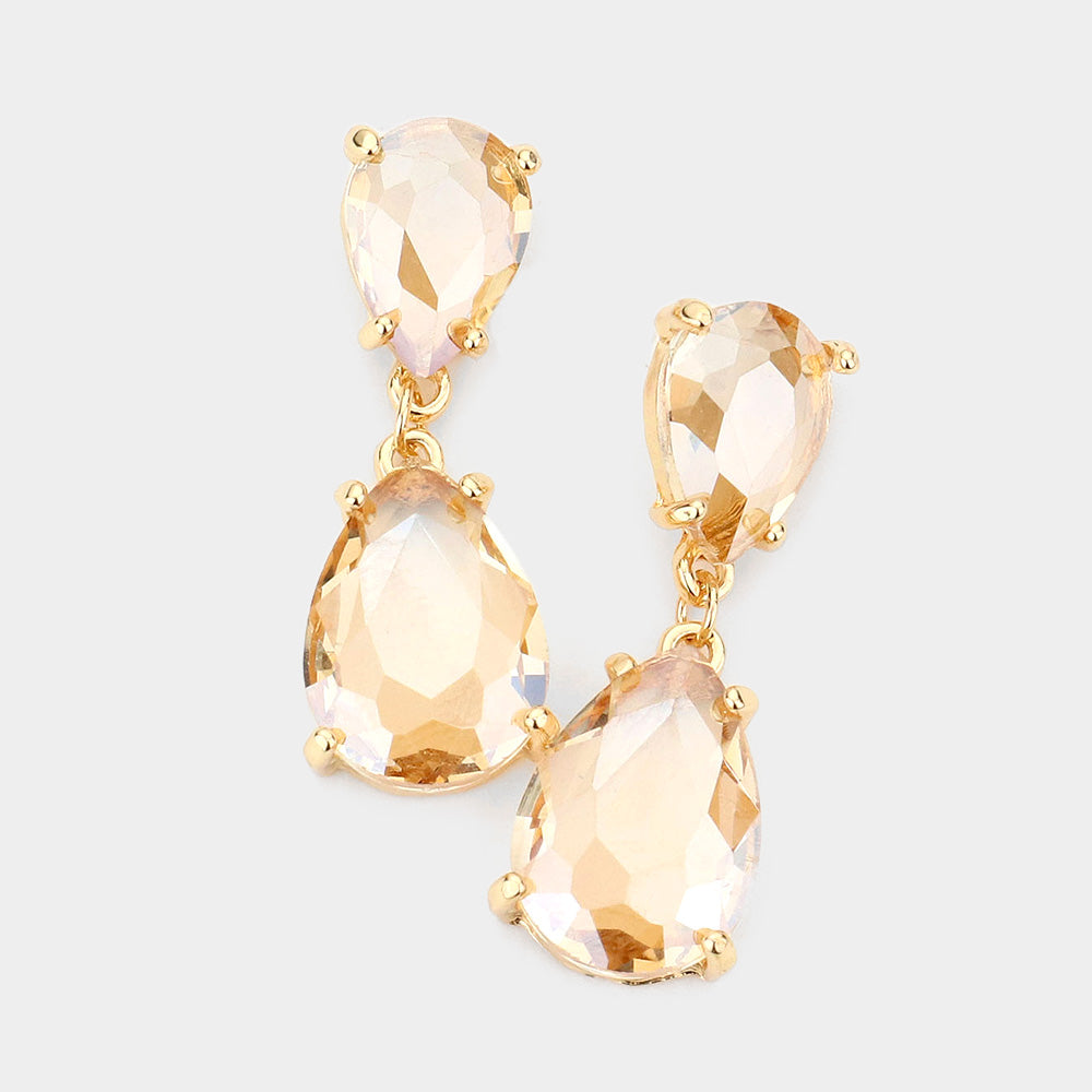 Small Light Topaz AB Double Teardrop Dangle Pageant Earrings | Interview Earrings