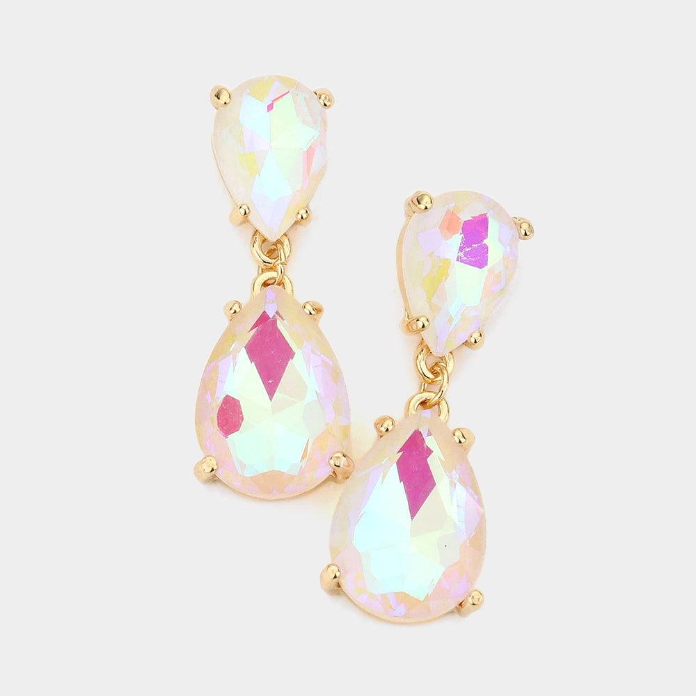 Small White AB Double Teardrop Dangle Pageant Earrings | Interview Earrings