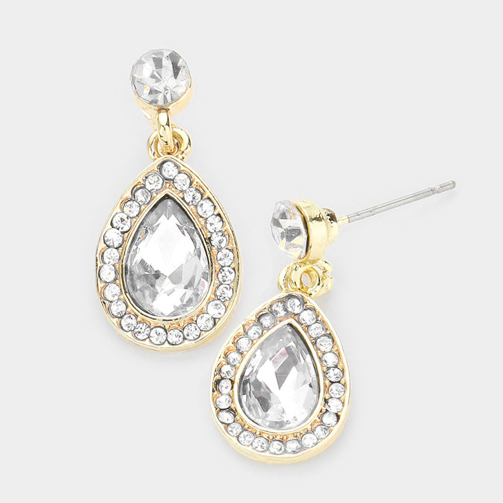 Little Girls Clear Rhinestone and Teardrop Dangle Pageant Earrings on Gold