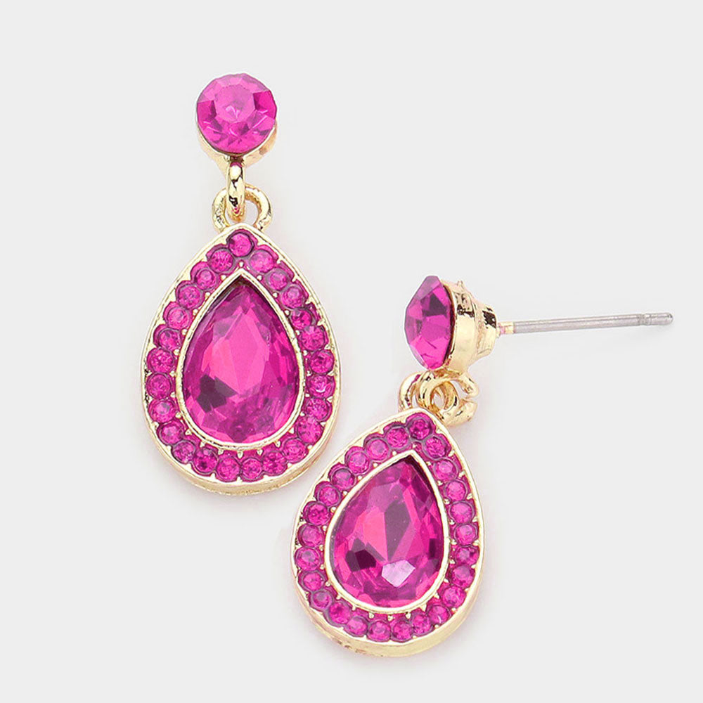 Little Girls Fuchsia Rhinestone and Teardrop Dangle Pageant Earrings