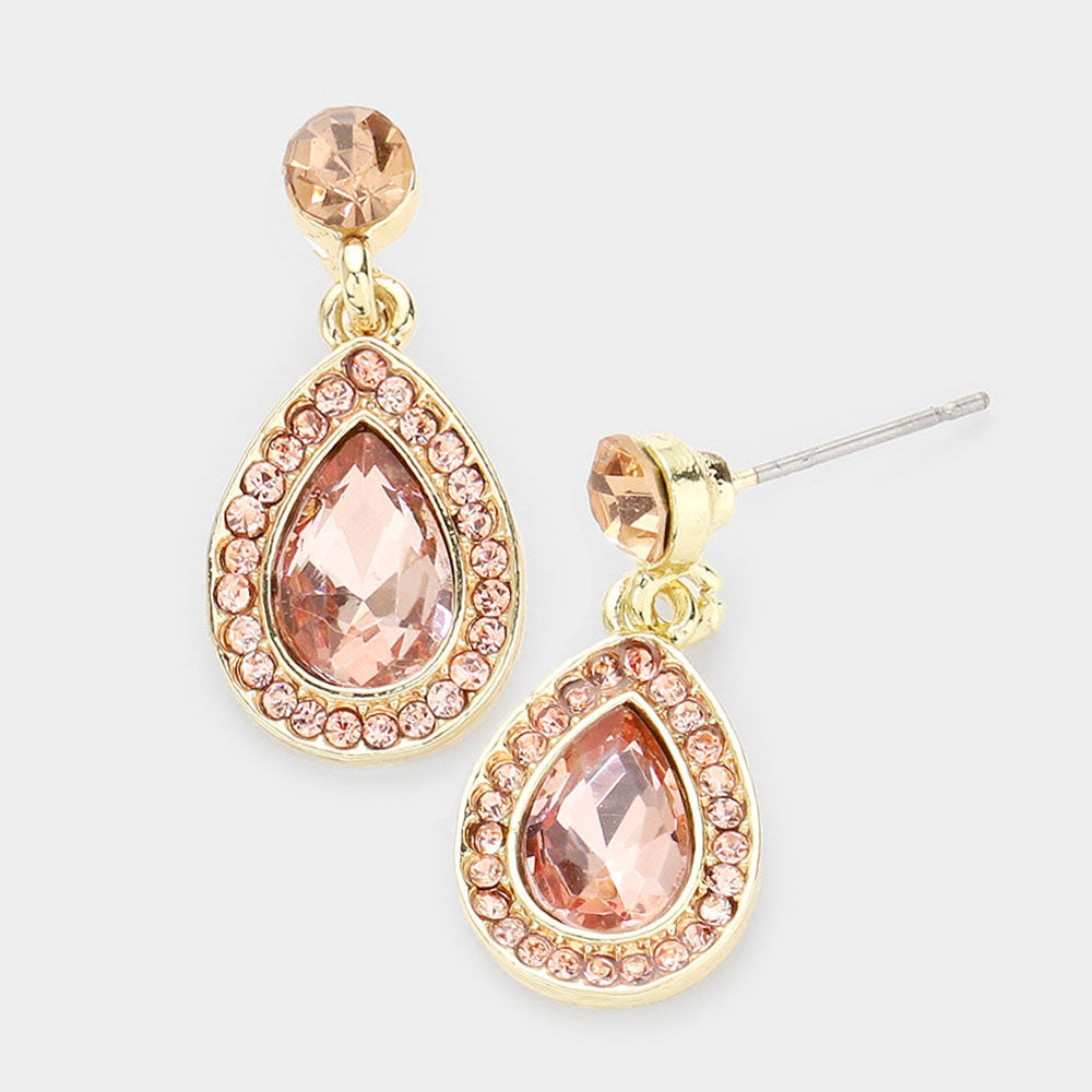 Little Girls Peach Rhinestone and Teardrop Dangle Pageant Earrings