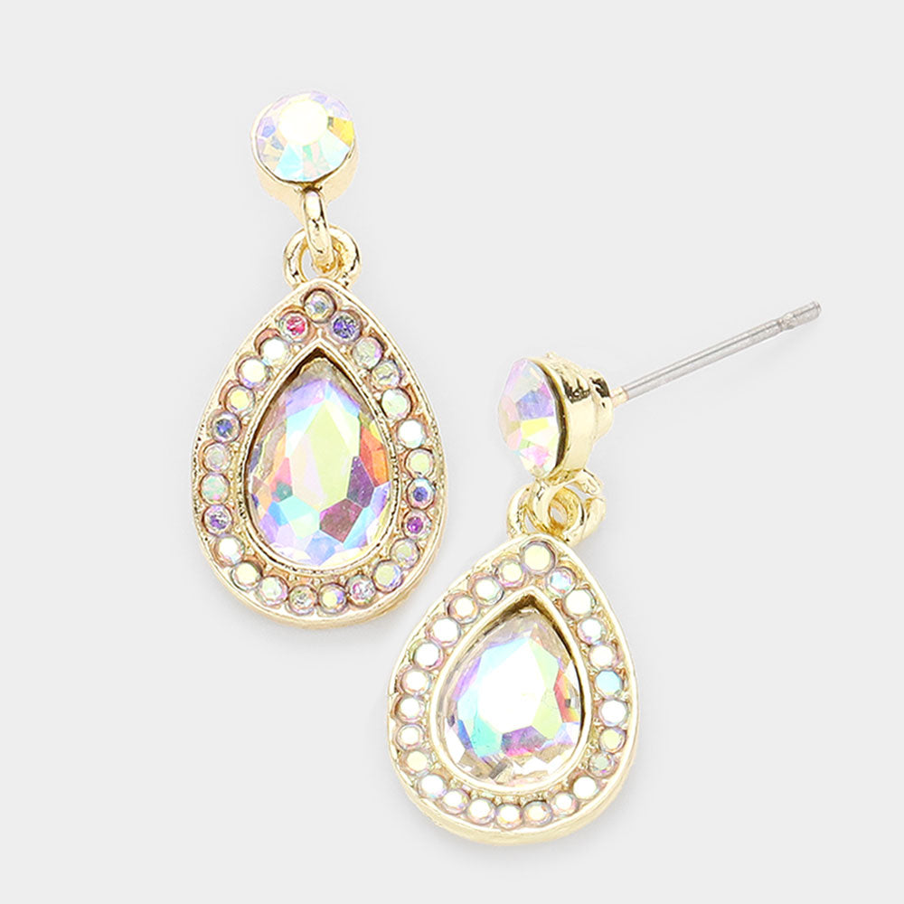 Little Girls AB Rhinestone and Teardrop Dangle Pageant Earrings on Gold