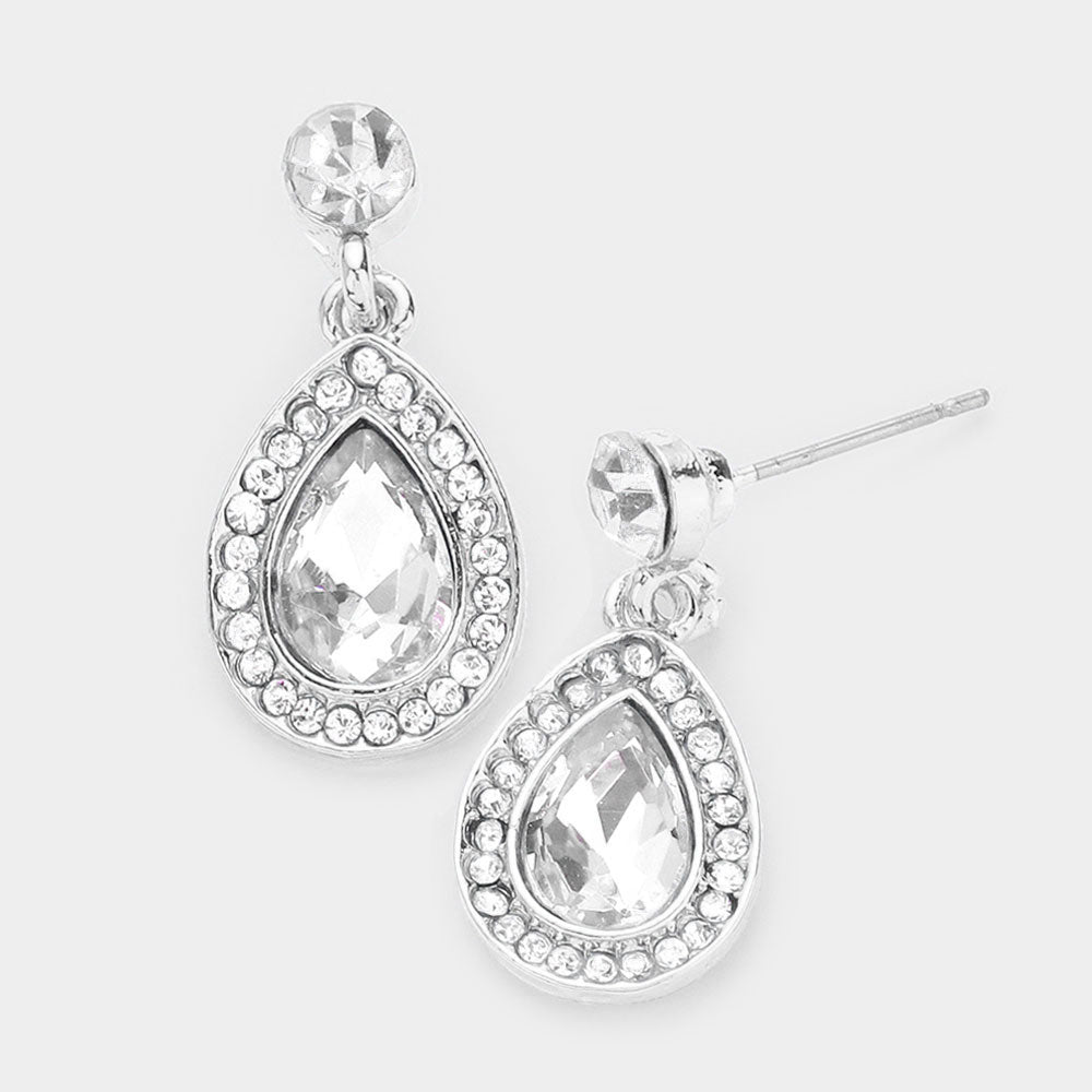 Little Girls Clear Rhinestone and Teardrop Dangle Pageant Earrings on Silver | 506970