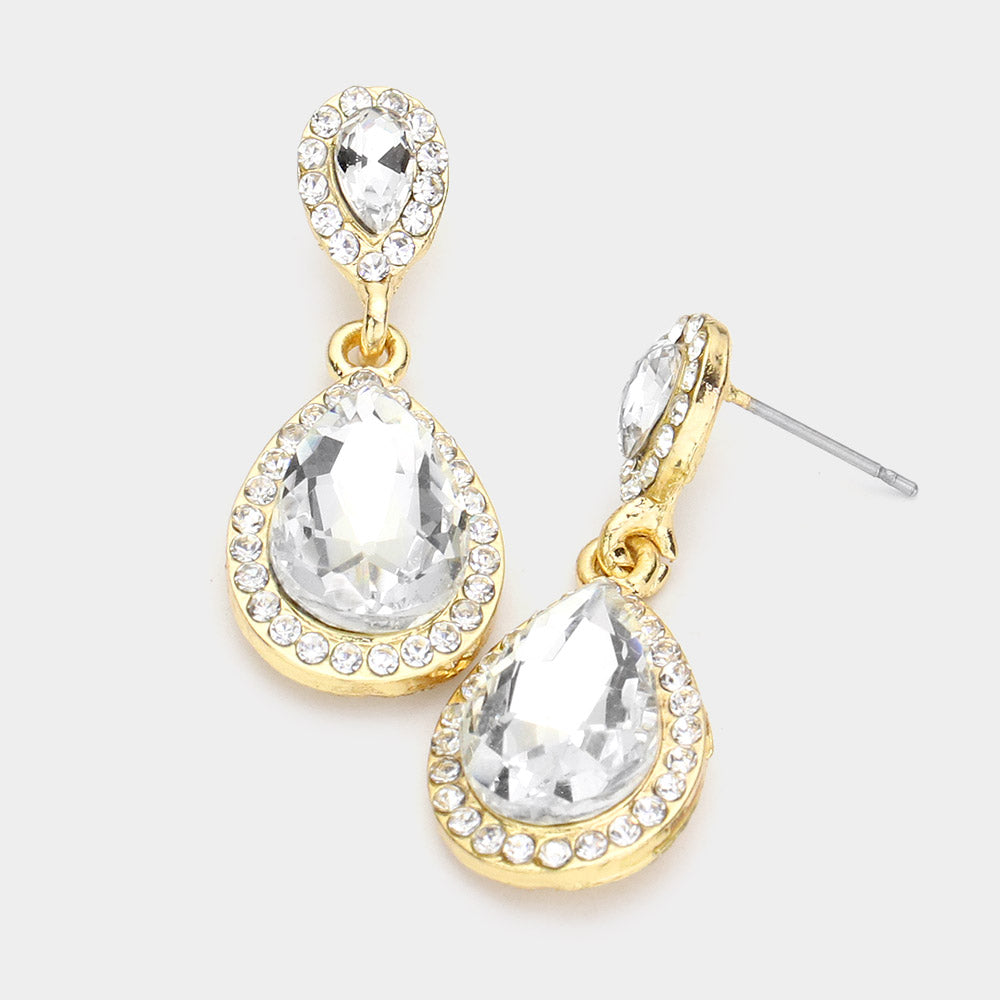 Small Clear Crystal Double Teardrop Earrings on Gold