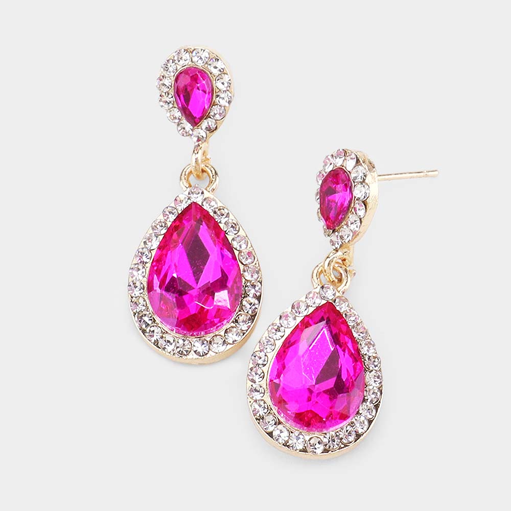 Small Fuchsia Crystal Double Teardrop Earrings