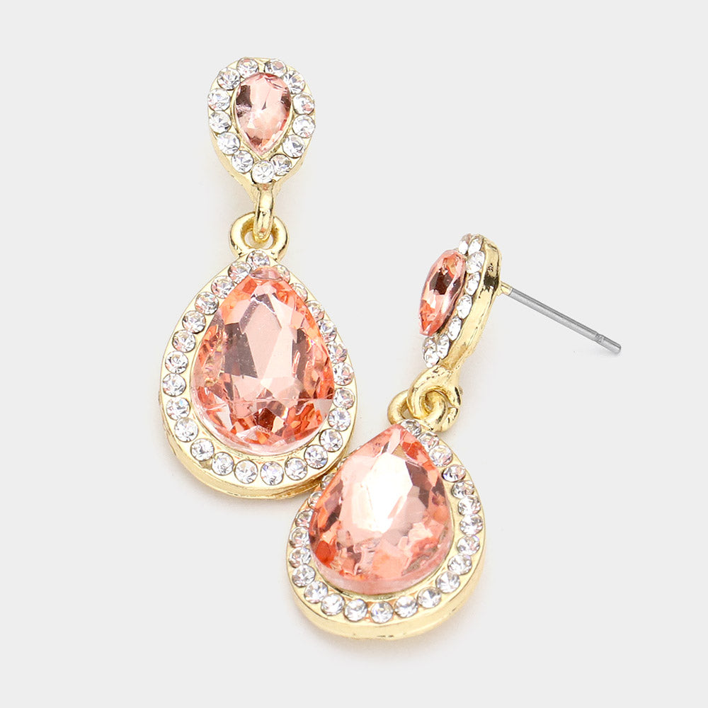 Small Peach Crystal Double Teardrop Earrings