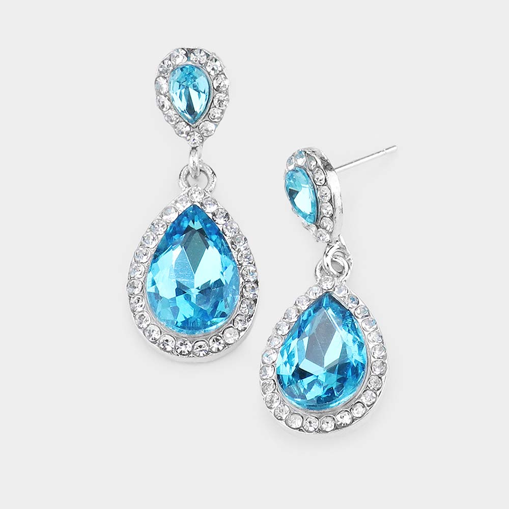 Small Aqua Crystal Double Teardrop Earrings | 480141