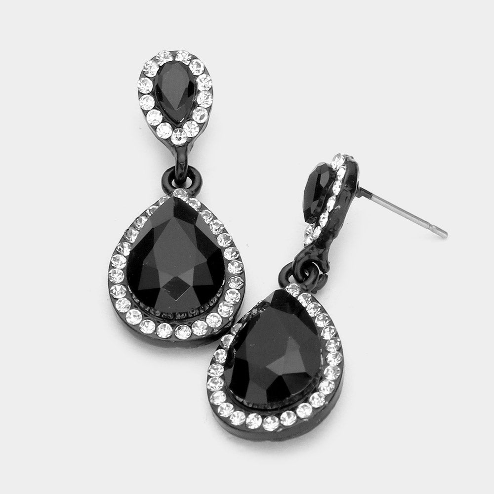 Small Jet Black Crystal Double Teardrop Earrings