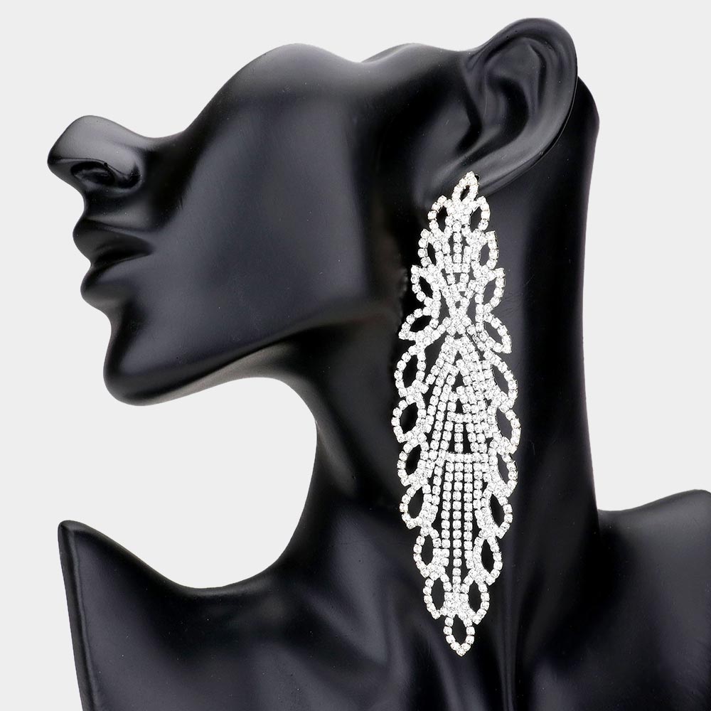 Long Clear Rhinestone Pave Pageant Earrings | Prom Earrings