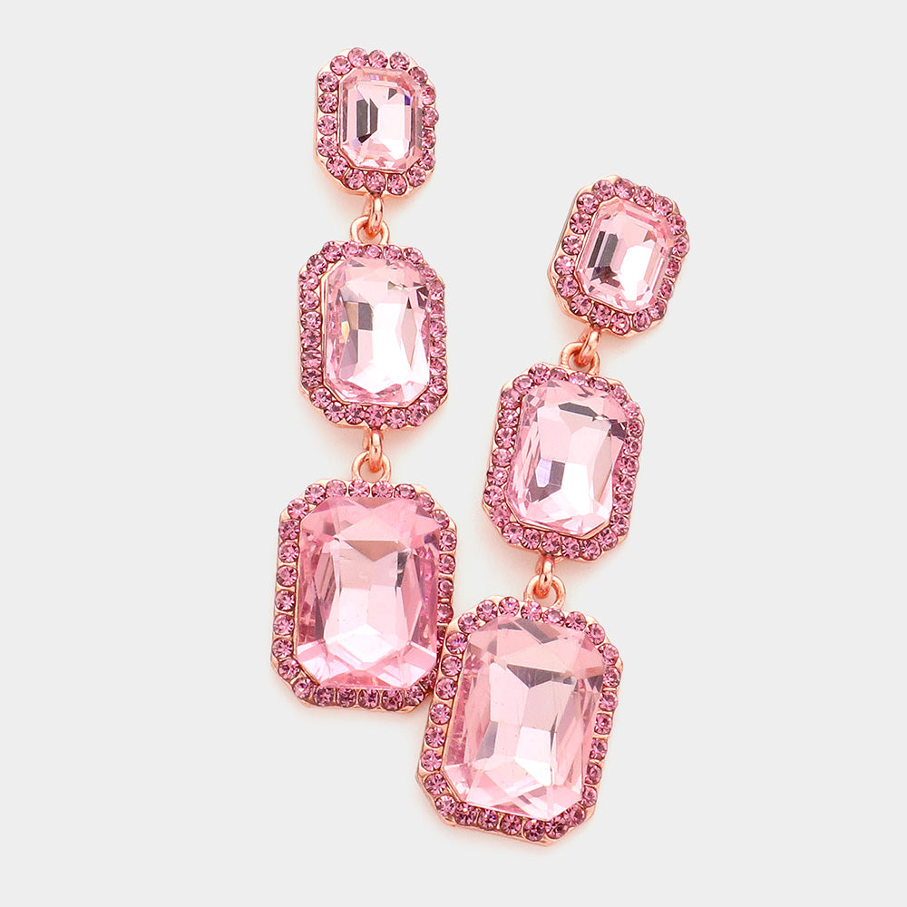 Triple Emerald Cut Pink Stone Link Pageant Earrings | Prom Earrings