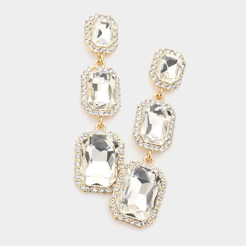 Triple Emerald Cut Clear Stone Link Pageant Earrings on Gold | Prom Earrings