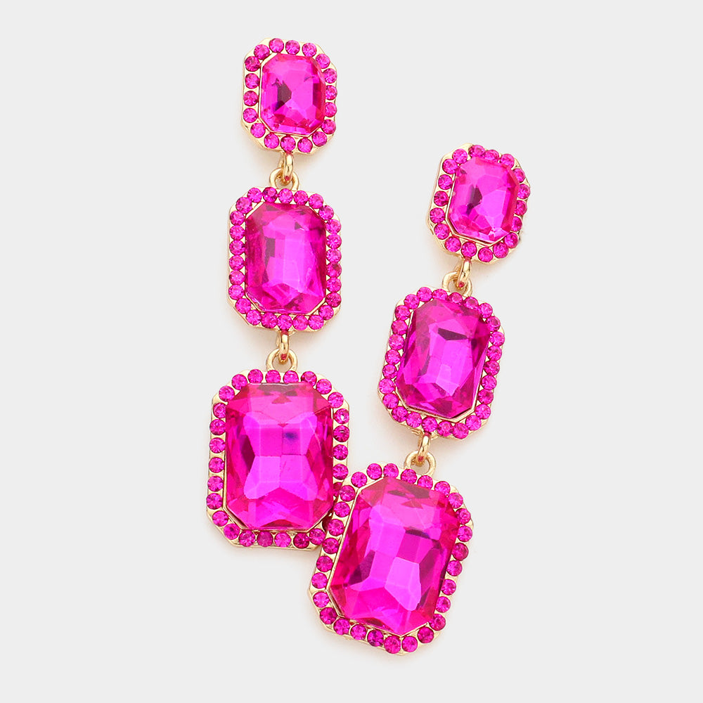 Triple Emerald Cut Fuchsia Stone Link Pageant Earrings  | Prom Earrings