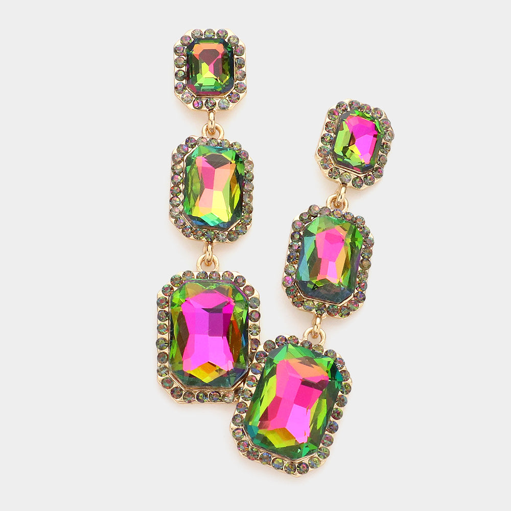 Triple Emerald Cut Multi-Color Stone Link Pageant Earrings  | Prom Earrings