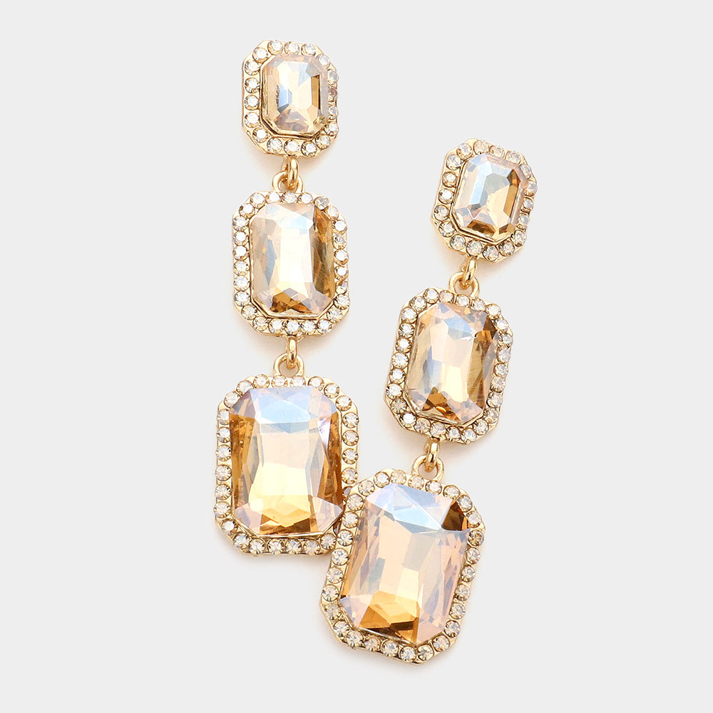 Triple Emerald Cut Light Topaz Stone Link Pageant Earrings  | Prom Earrings