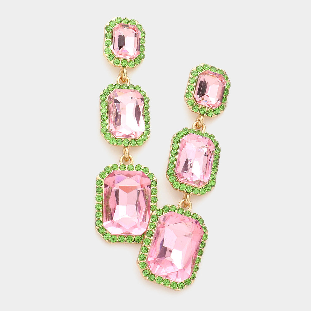Triple Emerald Cut Pink & Green Stone Link Pageant Earrings  | Prom Earrings