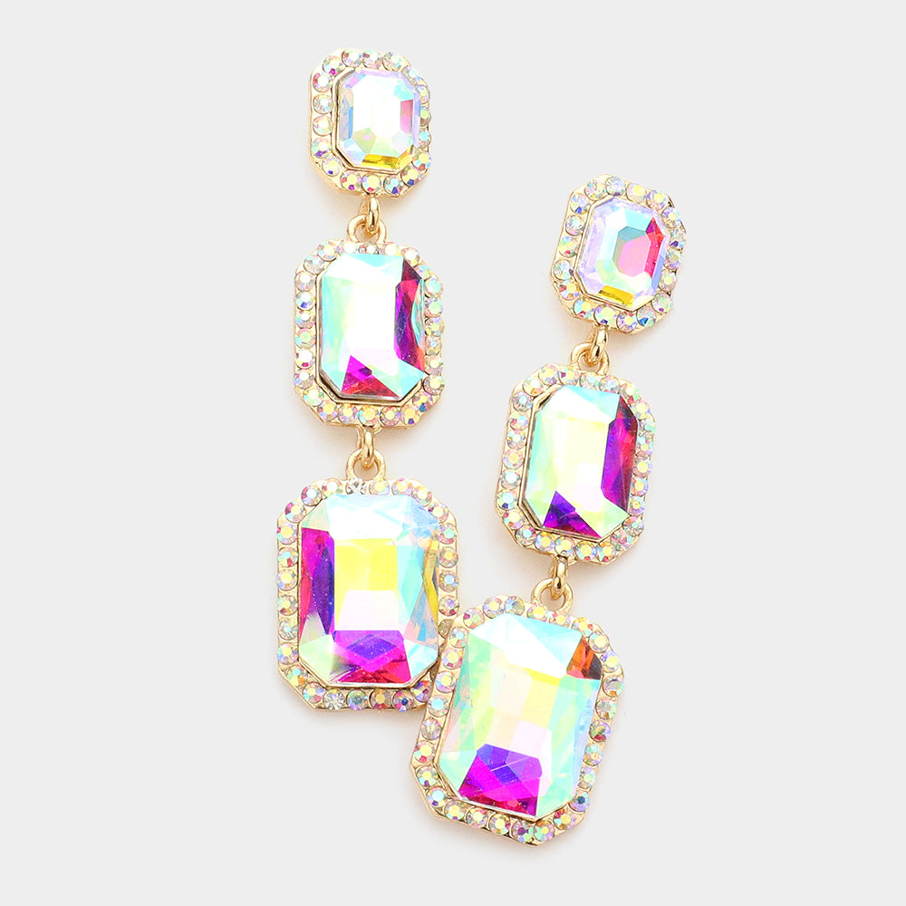 Triple Emerald Cut AB Stone Link Pageant Earrings on Gold  | Prom Earrings | 572924