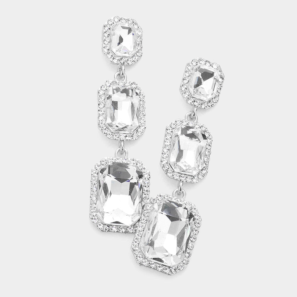 Triple Emerald Cut Clear Stone Link Pageant Earrings  | Prom Earrings