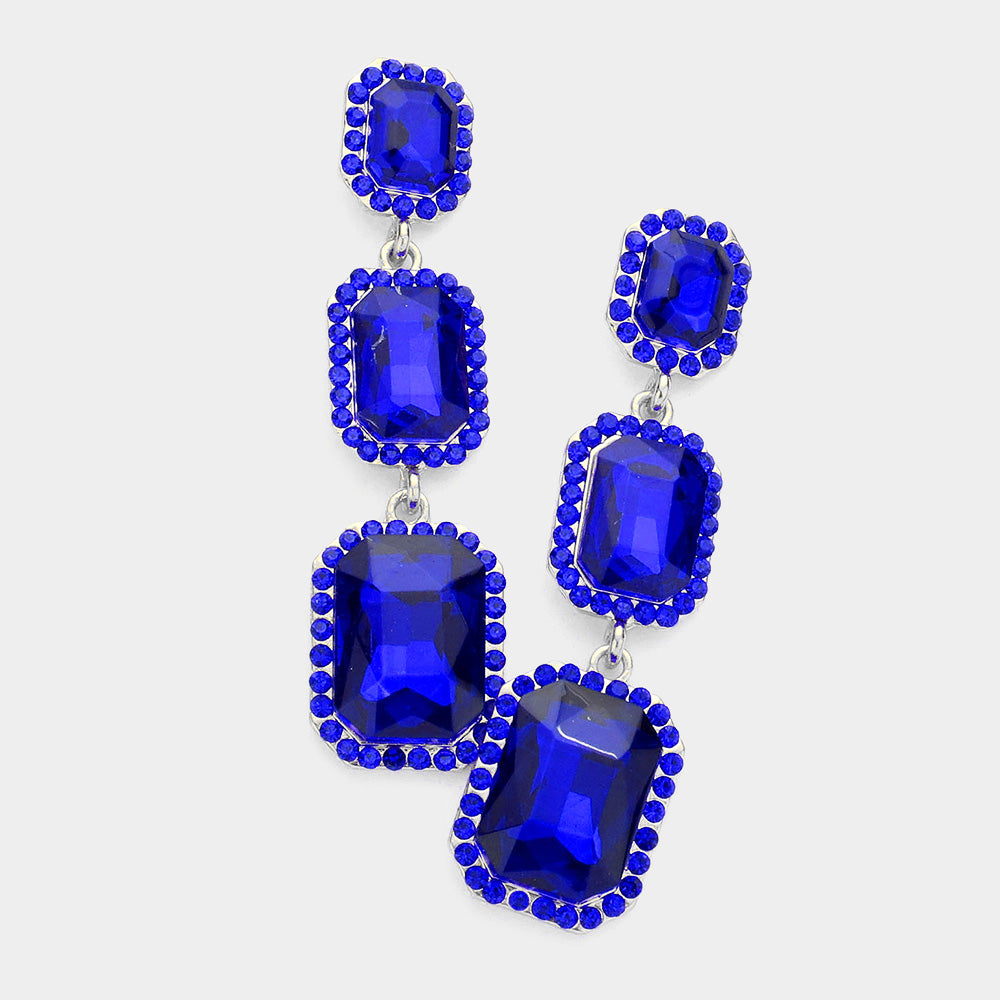 Triple Emerald Cut Sapphire Stone Link Pageant Earrings  | Prom Earrings