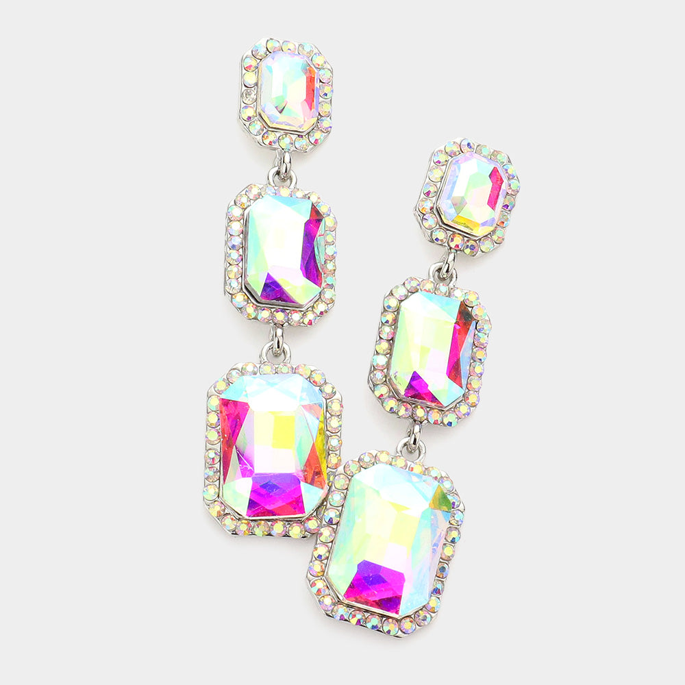 Triple Emerald Cut AB Stone Link Pageant Earrings  | Prom Earrings