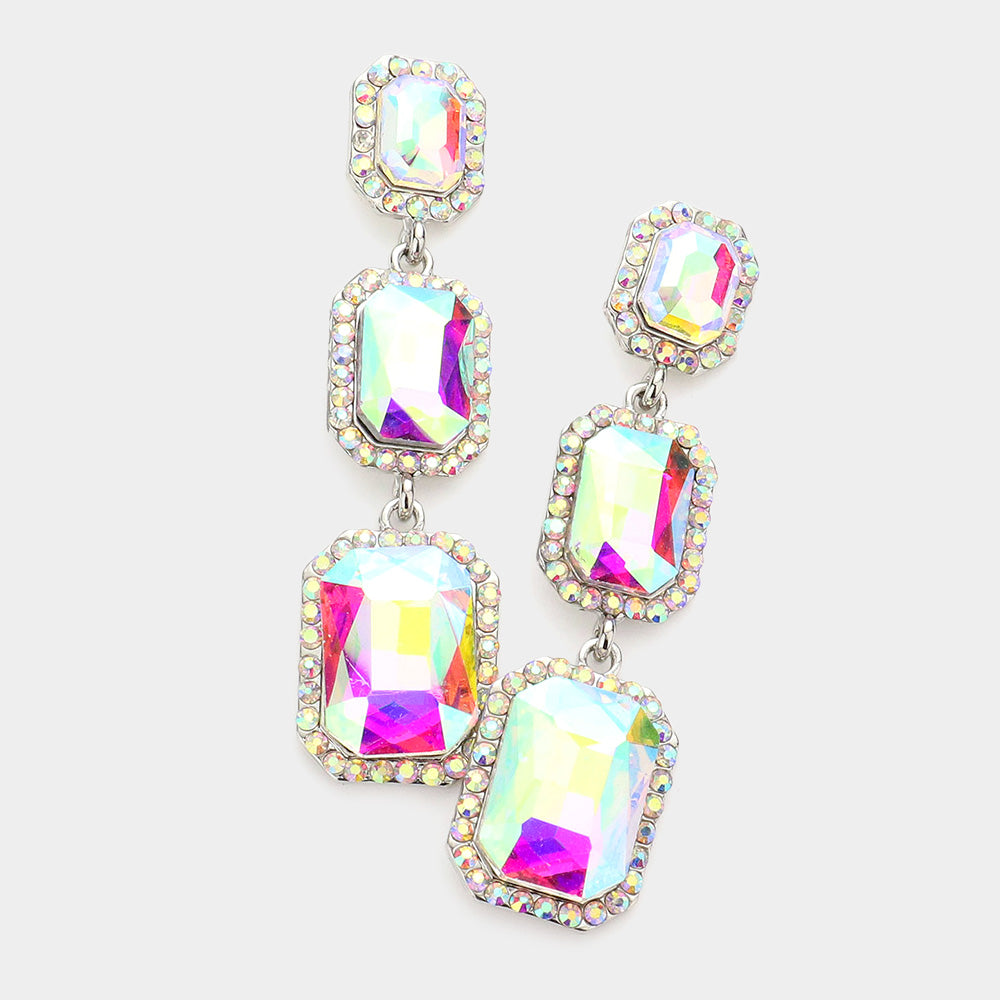 Triple Emerald Cut AB Stone Link Pageant Earrings  | Prom Earrings