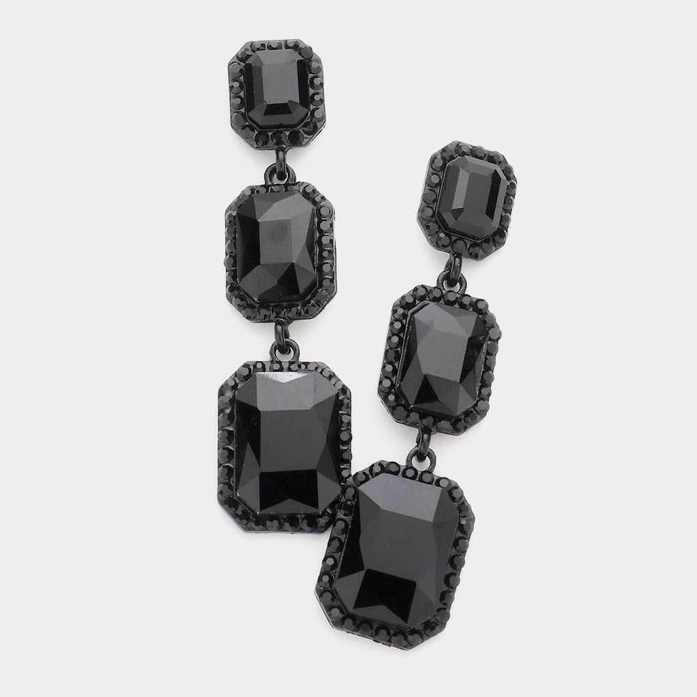 Triple Emerald Cut Jet Black Stone Link Pageant Earrings  | Prom Earrings
