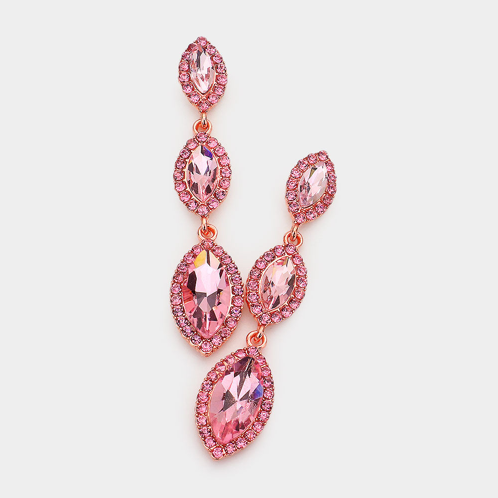 Pink Crystal Triple Marquise Drop Dangle Pageant Earrings on Rose Gold| Prom Jewelry