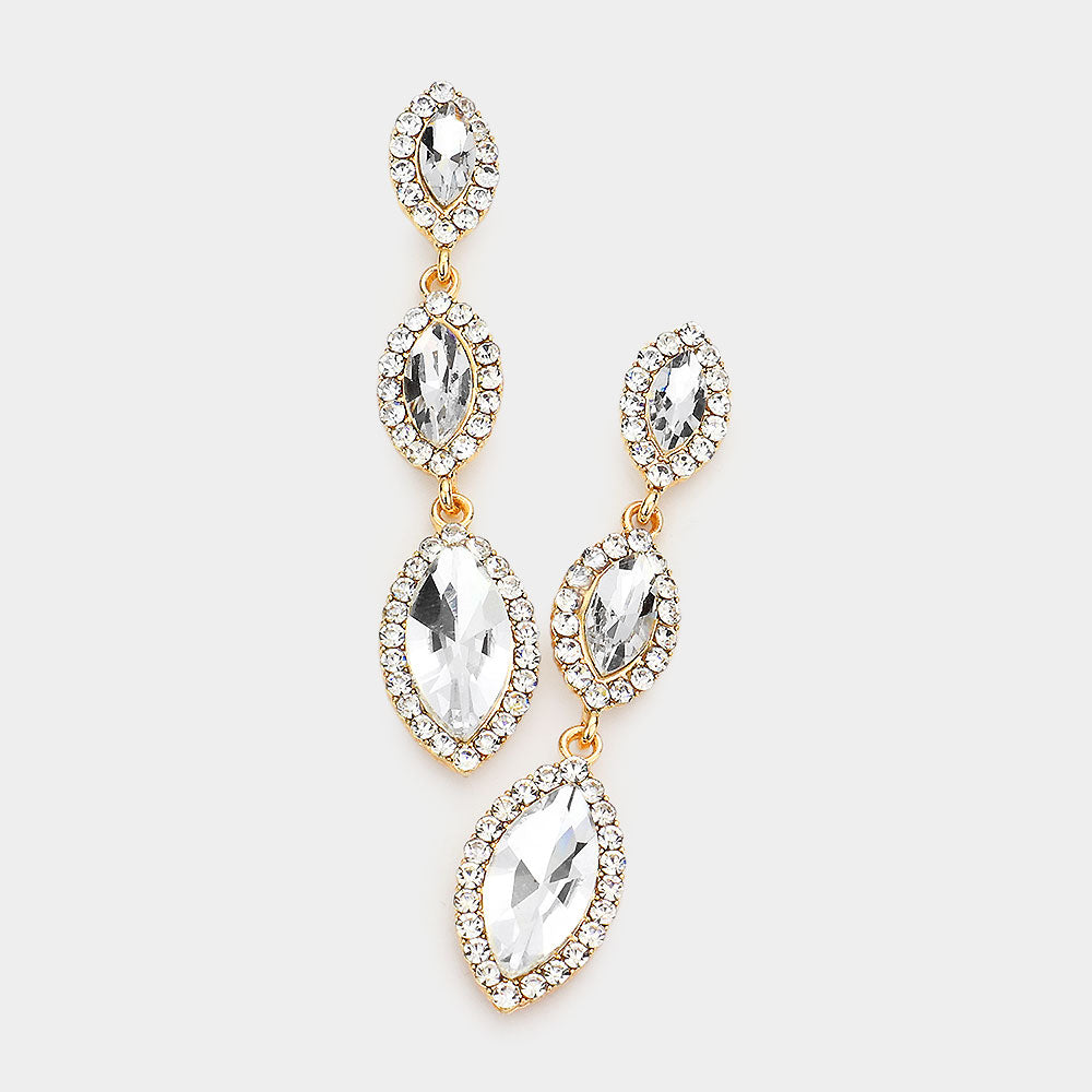 Clear Crystal Triple Marquise Drop Dangle Pageant Earrings on Gold | Prom Jewelry