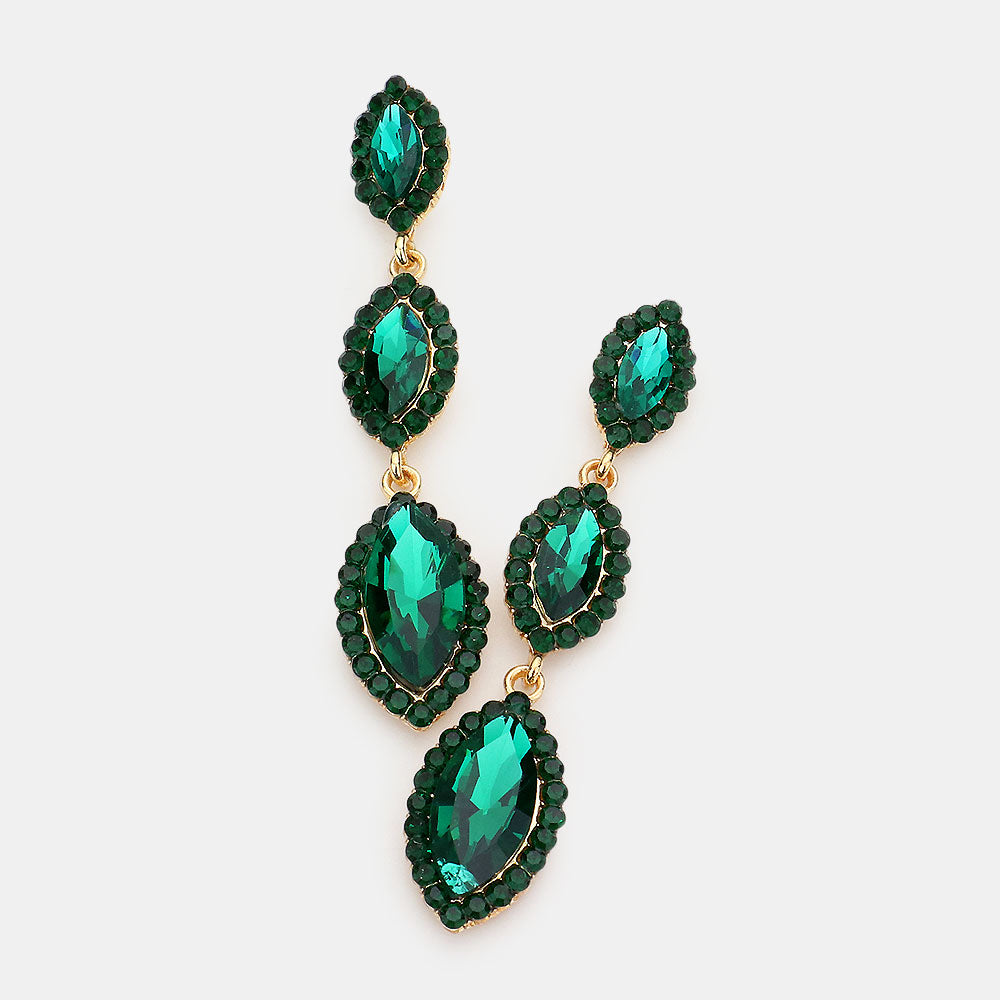 Green Crystal Triple Marquise Drop Dangle Pageant Earrings | Prom Jewelry