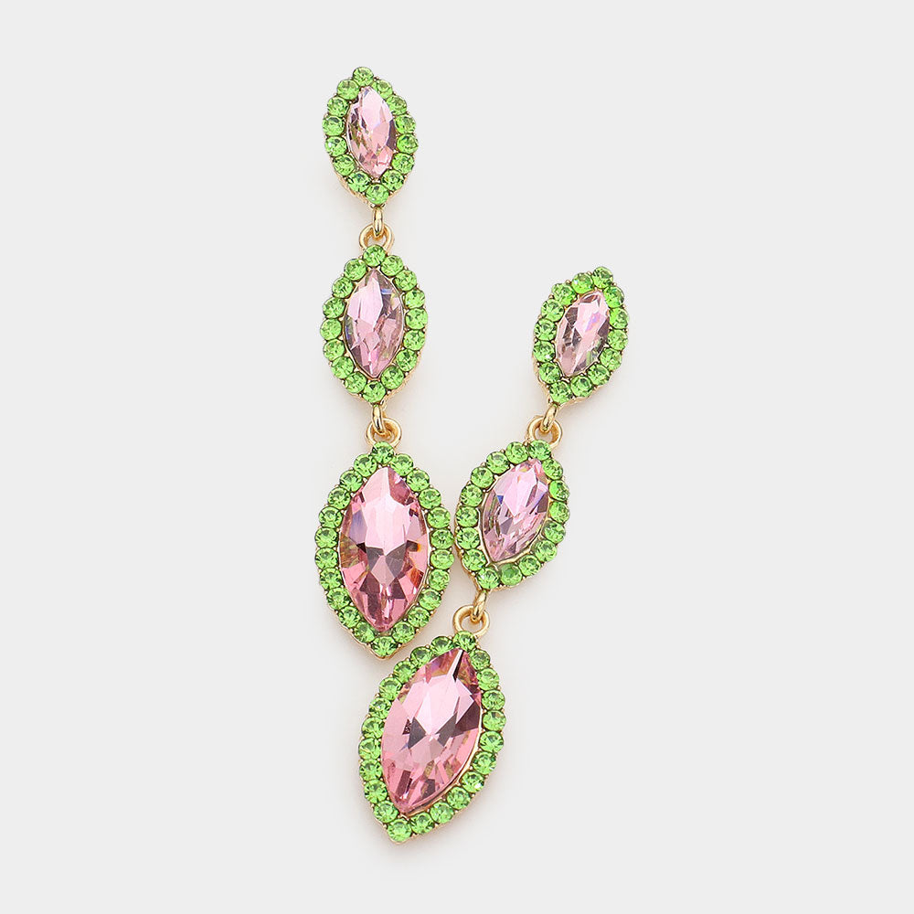 Pink & Green Crystal Triple Marquise Drop Dangle Pageant Earrings | Prom Jewelry