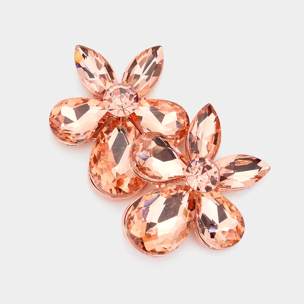 Small Peach Crystal Teardrop and Marquise Stone Cluster Pageant Earrings