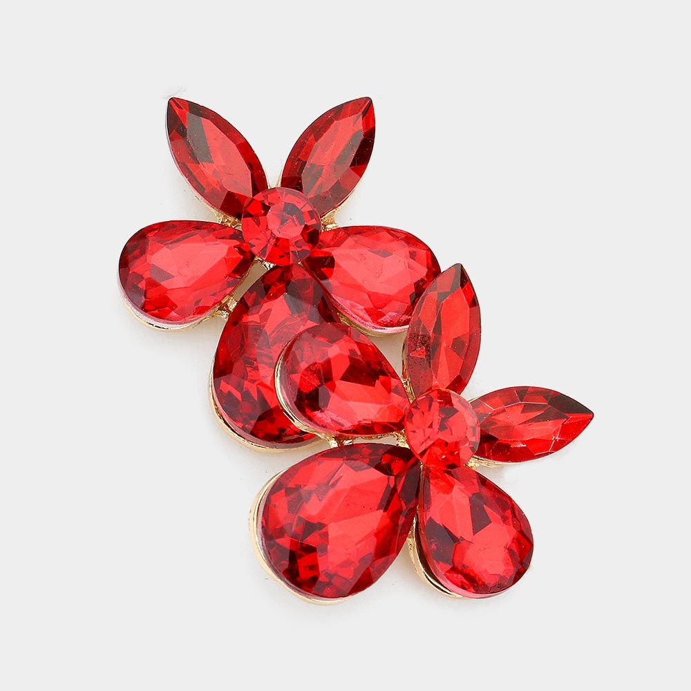 Small Red Crystal Teardrop and Marquise Stone Cluster Pageant Earrings 