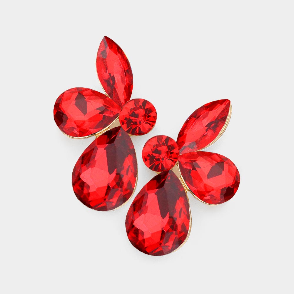 Small Red Crystal Teardrop and Marquise Stone Cluster Pageant Earrings | Interview Earrings 