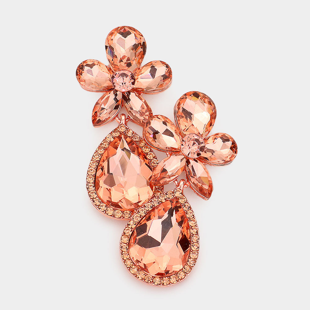 Peach Crystal Flower Stone Teardrop Dangle Pageant Earrings on Rose Gold | Pageant Jewelry 