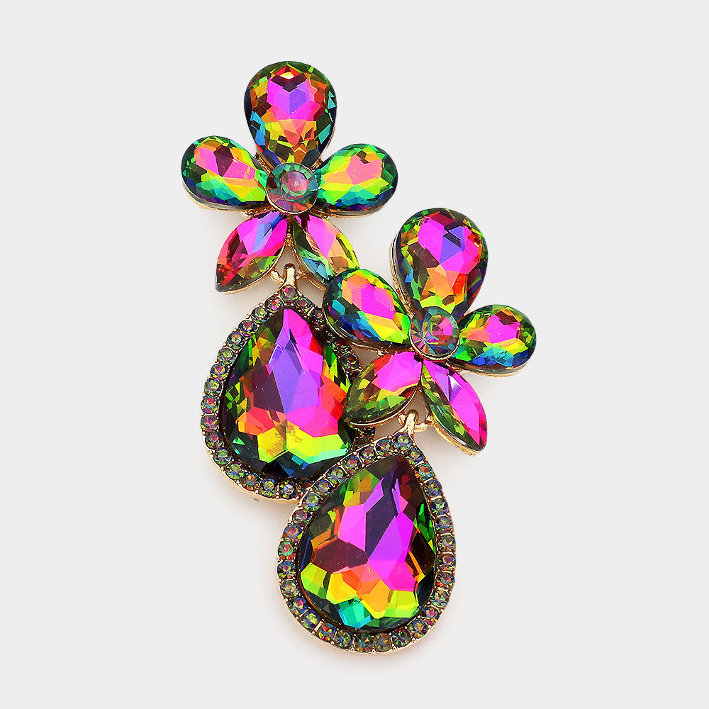 Multi-Color Crystal Flower Stone Teardrop Dangle Pageant Earrings  | Pageant Jewelry 