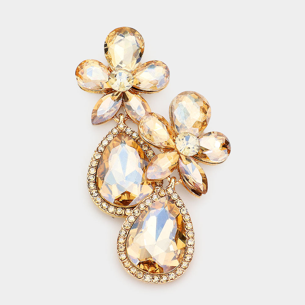 Light Topaz Crystal Flower Stone Teardrop Dangle Pageant Earrings  | Pageant Jewelry 