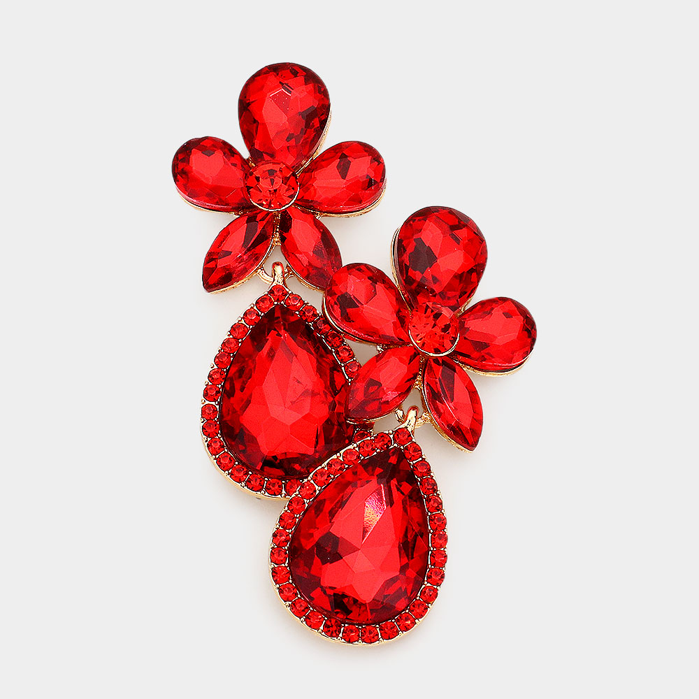 Red Crystal Flower Stone Teardrop Dangle Pageant Earrings | Pageant Jewelry |  563237