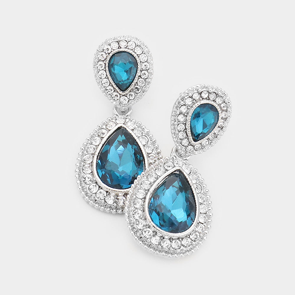 Small Teal Teardrop Crystal Rhinestone Earrings