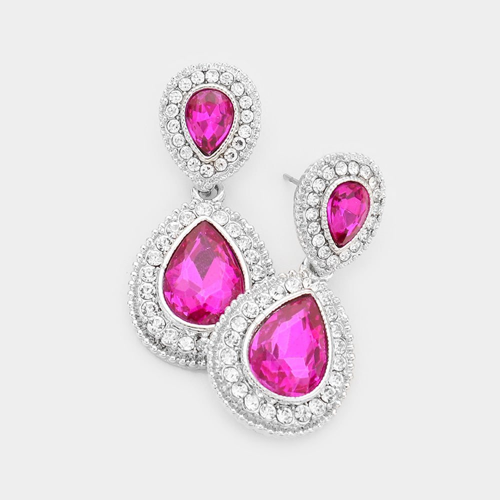 Small Fuchsia Teardrop Crystal Rhinestone Earrings