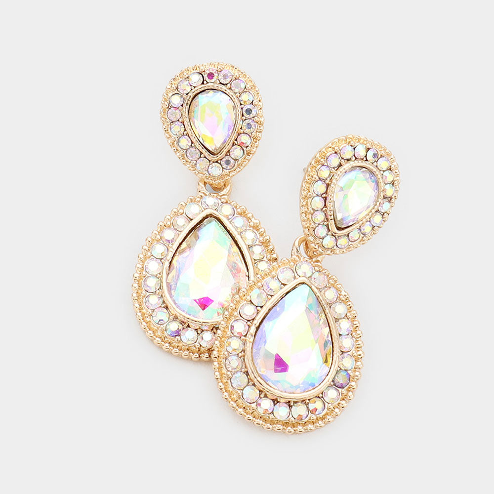 Small AB Teardrop Crystal Rhinestone Earrings on Gold