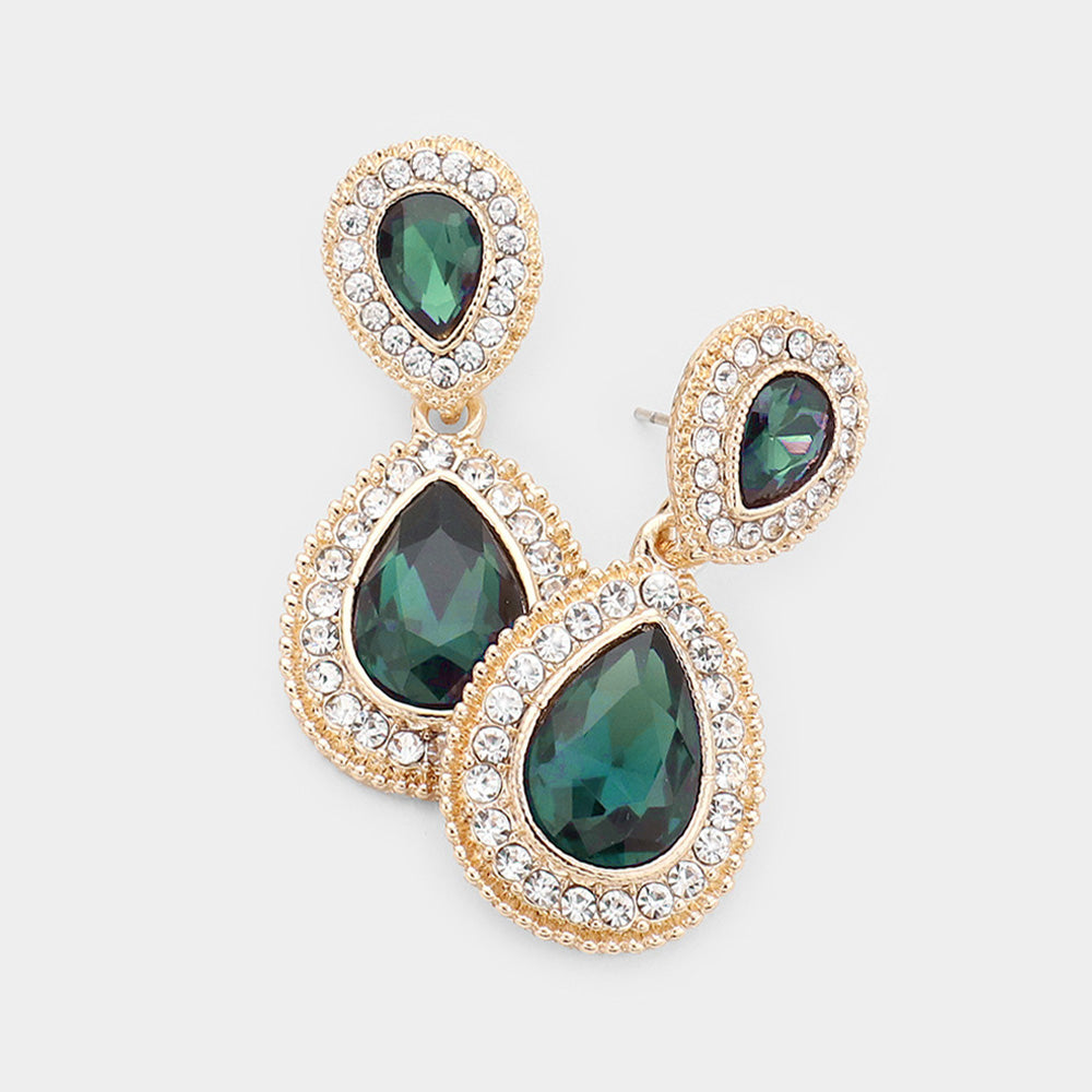 Small Emerald Teardrop Crystal Rhinestone Earrings on Gold  | 492246