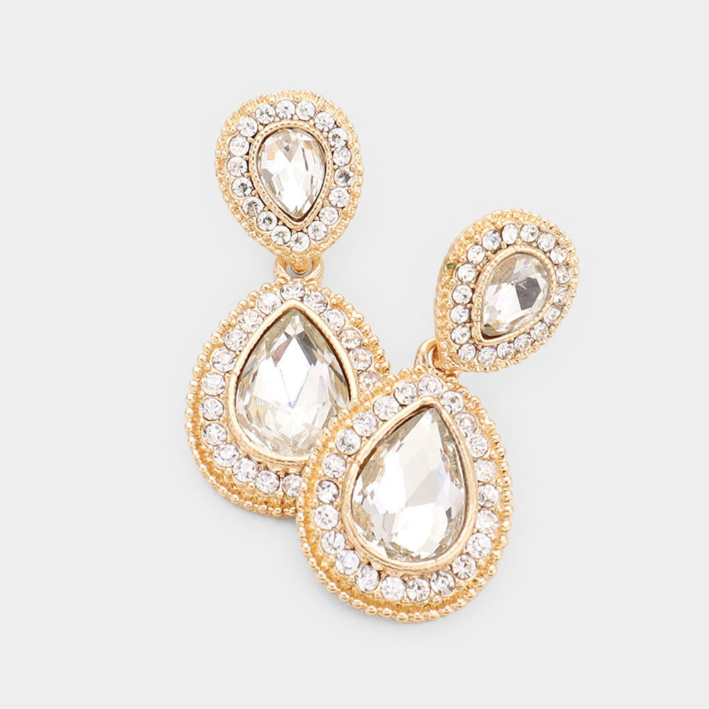 Small Clear Teardrop Crystal Rhinestone Earrings on Gold