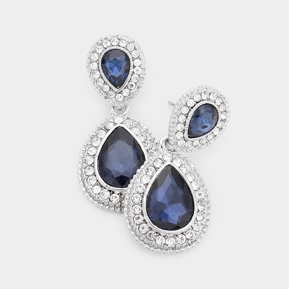 Small Navy Teardrop Crystal Rhinestone Earrings