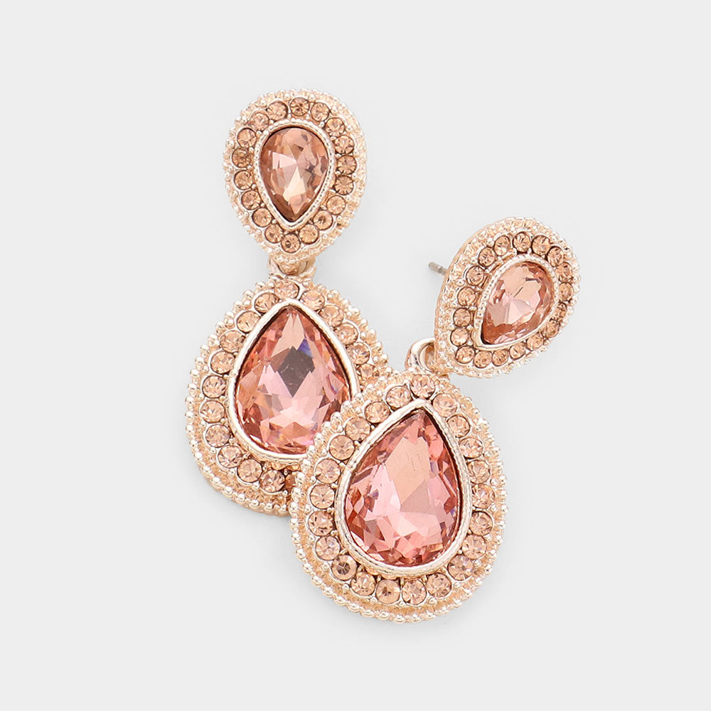Small Peach Teardrop Crystal Rhinestone Earrings