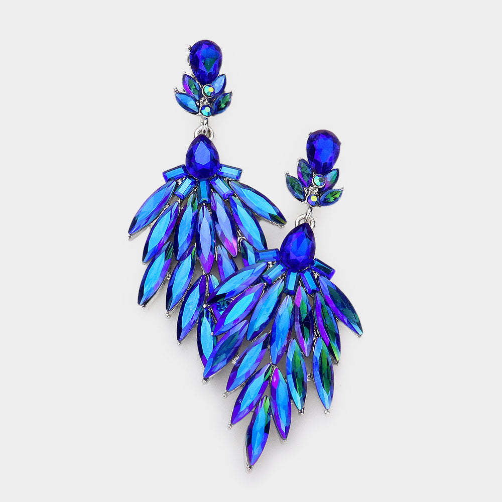 Blue AB Marquise Stone Cluster Dangle Pageant Earrings | Drop Earrings