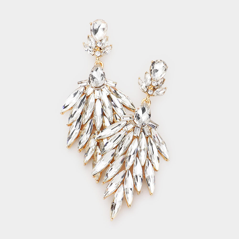 Clear Marquise Stone Cluster Dangle Pageant Earrings on Gold  | Drop Earrings