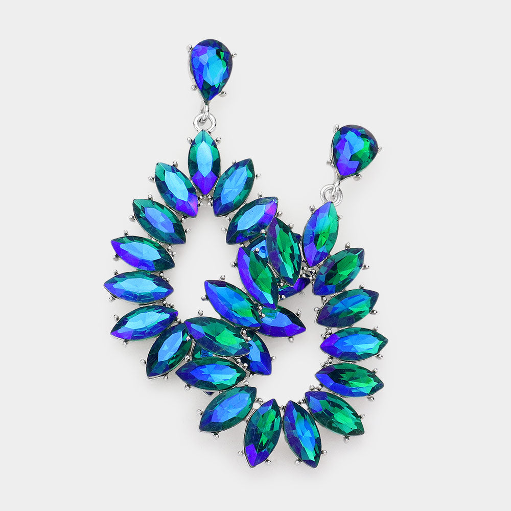 Teal AB Marquise Stone Cluster Open Teardrop Dangle Pageant Earrings 