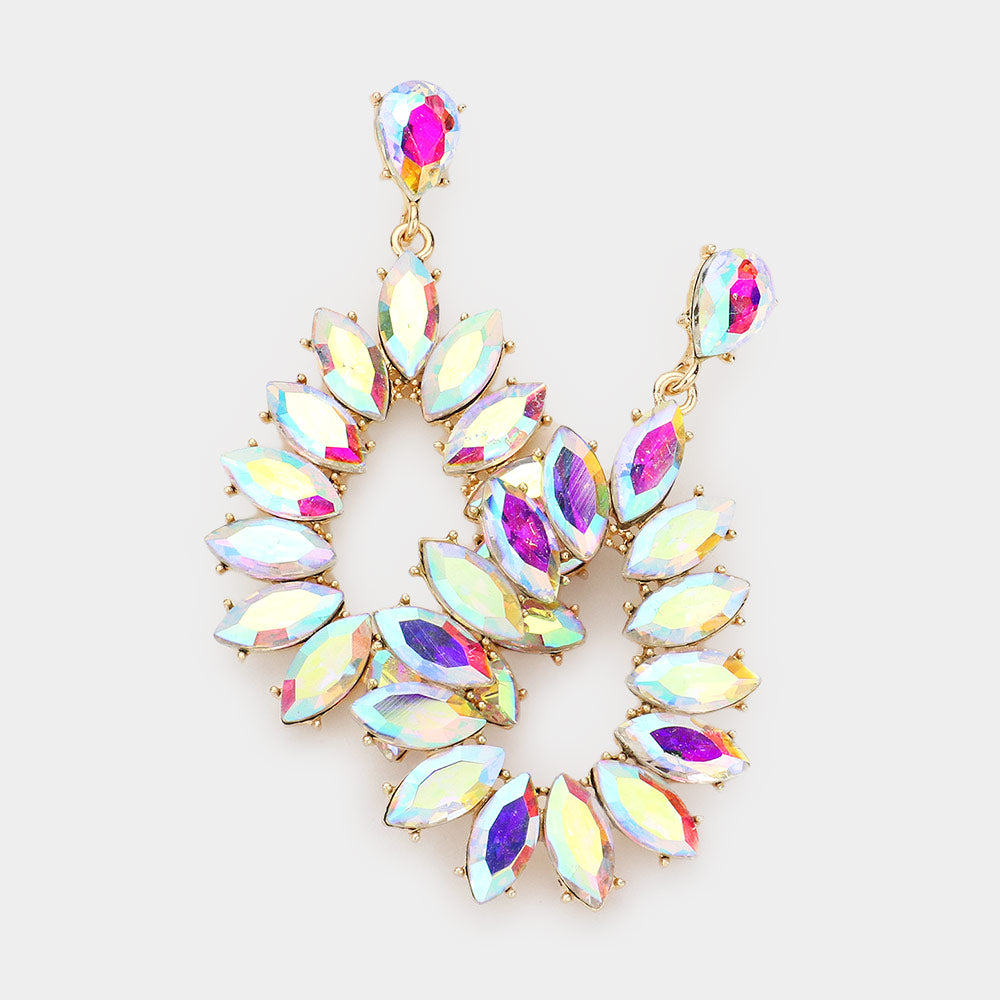 AB Marquise Stone Cluster Open Teardrop Dangle Pageant Earrings on Gold